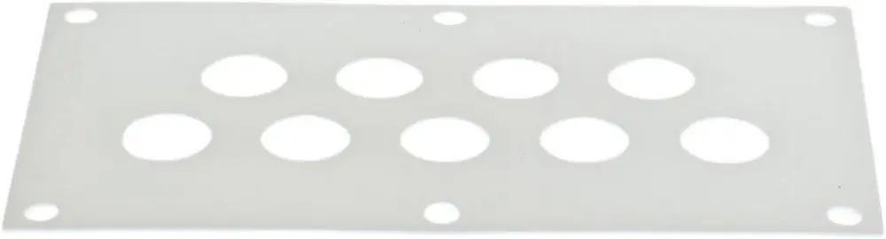 Weiße Dichtung von Bosch mit mehreren runden Aussparungen, geeignet für Wärmetauscher, zeigt ein flaches Design mit Befestigungslöchern an den Ecken.